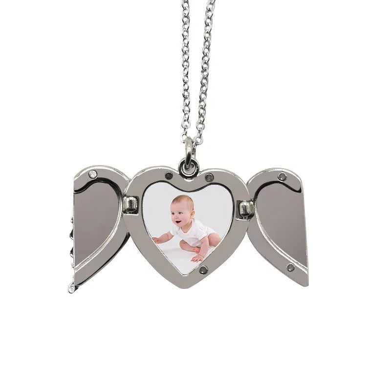 Personalized Sublimation Blank Angel Wings  Heart Lockets Pendant Necklace